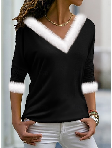  Karácsony Női Blúz Tömör szín Stílusos Alkalmi Hosszú ujj V-alakú Normál felsők Napi Kollázs Fekete Rubin Tavasz Ősz Tél