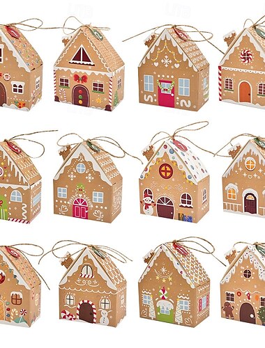  24 Stück Weihnachts-Leckerli-Boxen, Süßigkeiten-Lebkuchenhaus, Mini-Weihnachtsparty-Geschenkbox, kleiner Geschenkbehälter aus Pappe für Weihnachtsfeiertagsparty-Leckerli, Kekse, Leckereien, Snacks,