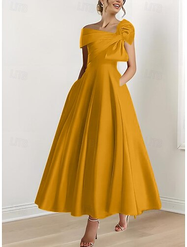  A-Line Ankle Length Cocktail Dresses Party Dresses Elegant Silky Short Sleeve One Shoulder Wedding Formal Pink Dress Satin with Bow(s)
