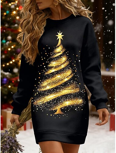 Jul Dame Mini kjole Skiftkjole Ferie Fritid Fest Daglig Løstsittende Grafisk Juletre Langermet Crew-hals Blå Lilla Gull Grønn Høst Vinter   Jul Dame Mini kjole Skiftkjole Ferie Fritid Fest Daglig Løstsittende Grafisk Juletre Langermet Crew-hals Blå Lilla Gull Grønn Høst Vinter