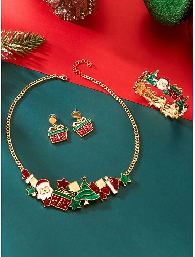  Julesmykkesett for kvinner med julenisse og tre &gavedesign, fargerikt emaljekjede, armbånd &Øredobbersett til høytidsfester, vinterantrekk &gaver