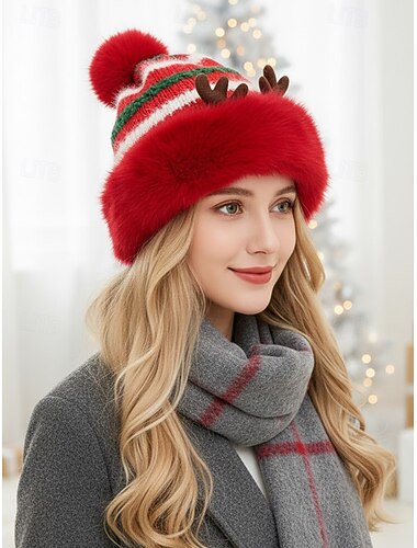  Γυναικείο χριστουγεννιάτικο ριγέ καπέλο με κέρατα ταράνδου - υλικό από πολυεστέρα, εορταστικό σχέδιο για χριστουγεννιάτικα πάρτι και χειμερινά ρούχα