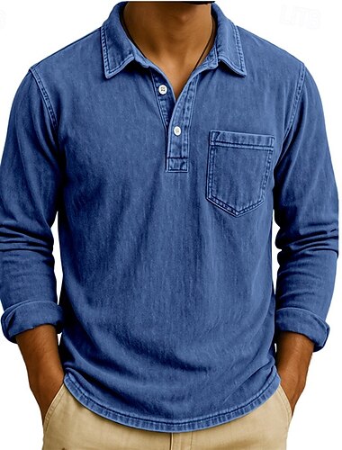  Муж. Рубашки поло Рубашки-поло для гольфа Для улицы Бизнес Классика Длинный рукав Винтаж Классический Сплошной цвет Карман Осень Зима Демисезонный Стандартный