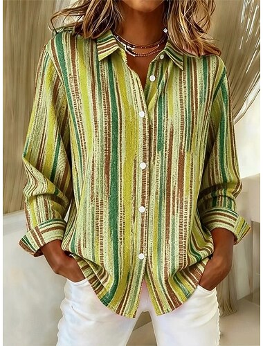  Dame Skjorte Bluse Grafisk Geometrisk Stripet Fritid Langermet Skjortekrage Vanlige topper Daglig Lapper Knapper Trykt mønster Blå Oransje Grønn Vår Høst Vinter