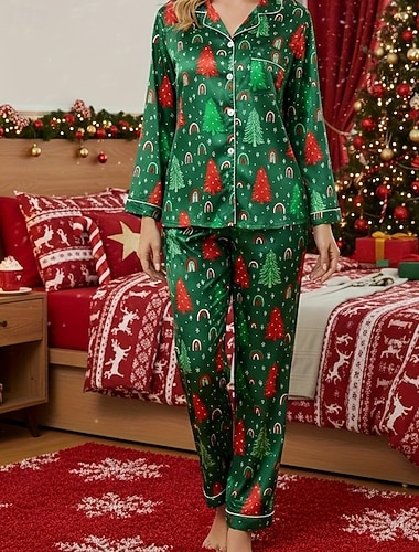  Жен. Пижамы Домашняя одежда пижама Мода На каждый день Мягкий Деревья Эластичная талия Брюки Рождество Отпуск Дом Длинный рукав Рубашечный воротник Зеленый Осень Зима Стандартный