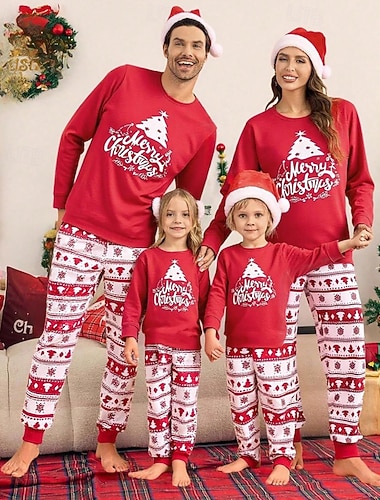  Familie udseende Jul Julefamiliepyjamas Pyjamas Familiesæt Grafisk Juletræ Hjem Trykt mønster Rød Langærmet Daglig Matchende outfits