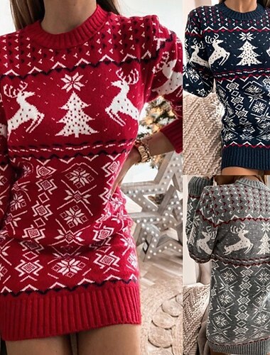  Γυναικεία Μίνι φόρεμα Φορέματα σε υφή από πολυ-βαμβάκι Χριστουγεννιάτικο φόρεμα Φόρεμα πουλόβερ Μοντέρνα Χριστούγεννα Διακοπές Εξόδου Κανονικό Φλοράλ Τάρανδος Μακρυμάνικο Στρογγυλή Ψηλή Λαιμόκοψη
