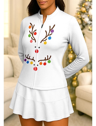  Noël Femmes Géométrique Renne Hauts T-shirt de sport Chemise de tennis Haut de tennis manche longue Fermeture éclair Floral UPF50+ Résistant aux UV Haute élasticité Évacuation de l'Humidité Respirant
