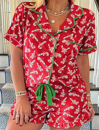  Geschenke Weihnachten Damen Pyjamas Loungewear Pyjama Set Aktive Mode Einfach Shorts Urlaub Zuhause Kurzarm Pink Rot Grün Sommer Frühling Herbst Winter Reguläre Passform