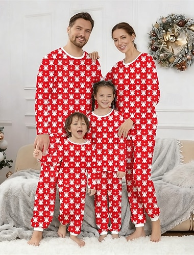  Familiestil Jul Julefamiliepyjamas Pyjamas Familiesett Grafisk Juleklokke Hjem Trykt mønster Rød Langermet Daglig Matchende antrekk