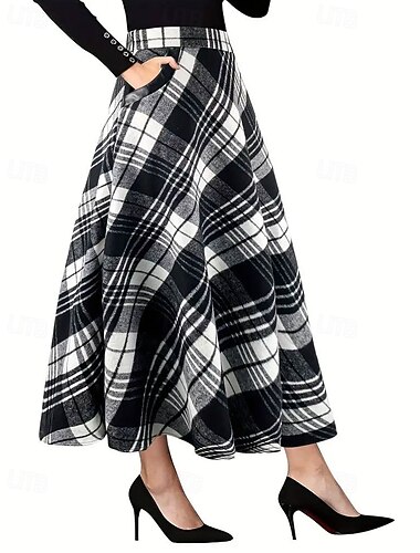 Damen Rock Trompete / Meerjungfrau Elegant Mode Lässig Midi Mittlere Taille Röcke Karomuster Einfach Tasche Unelastisch Büro / Karriere Straße Schwarz und Weiß Herbst Baumwolle Polyester   Damen Rock Trompete / Meerjungfrau Elegant Mode Lässig Midi Mittlere Taille Röcke Karomuster Einfach Tasche Unelastisch Büro / Karriere Straße Schwarz und Weiß Herbst Baumwolle Polyester