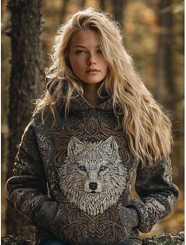  Felpa con cappuccio vintage da donna, stile vichingo, grafica, animale, tribale, casual, a maniche lunghe, con cappuccio, taglia regolare, casual, marrone, autunno