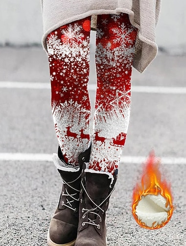  Leggings femininas confortáveis, estilo étnico, básicas, comprimento total, calças de cintura alta, estampa de rena, floco de neve, lã térmica, quente, confortável, elástica, para uso ao ar livre, casual, diária, vermelha