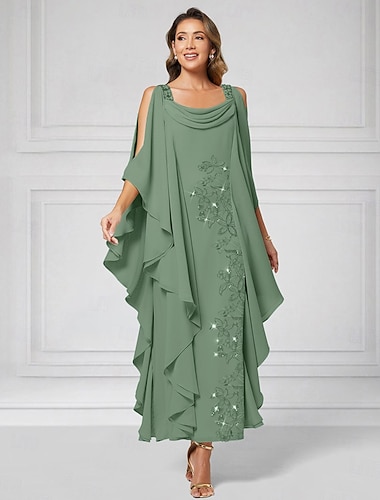 Vestido de Mãe da Noiva em A Linha Elegante Luxuoso Brilho  Glamour Decote Barco Comprimento do Tornozelo Chiffon Manga Curta com Pérolas Camadas de Renda em Cascata   Vestido de Mãe da Noiva em A Linha Elegante Luxuoso Brilho  Glamour Decote Barco Comprimento do Tornozelo Chiffon Manga Curta com Pérolas Camadas de Renda em Cascata