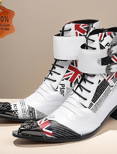  Pánské bílo-černé punkové boty z pravé kůže s britskou vlajkou, kotníkové boty na šněrování ze 100% hovězí kůže s přezkami pro pódium, cosplay a gothic módu.