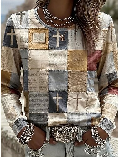  女性用 Tシャツ グラフィック 幾何学模様 ヴィンテージ ファッション スタイリッシュ 長袖 クルーネック ラウンドネック レギュラートップス 日常 週末 プリント ベージュ 秋 冬