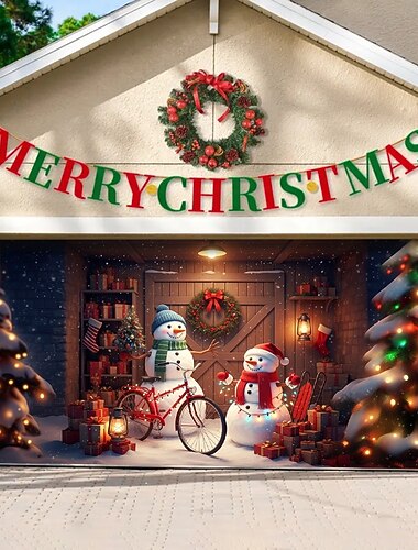 Housse de porte de garage de Noël avec bonhommes de neige et cadeaux, bannière de garage de scène de grange de vacances confortable décoration de Noël extérieure pour la décoration de la cour avant de   Housse de porte de garage de Noël avec bonhommes de neige et cadeaux, bannière de garage de scène de grange de vacances confortable décoration de Noël extérieure pour la décoration de la cour avant de