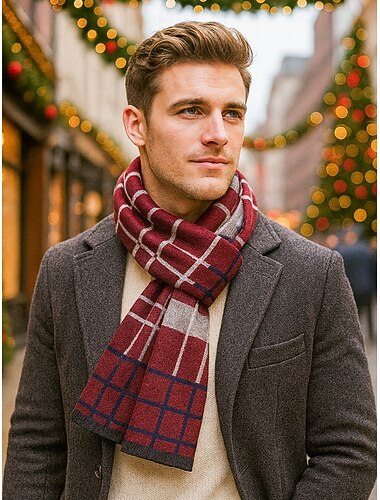  צעיף משובץ לחג המולד לגברים, בד פוליאסטר, צבעים מרובים, מושלם לאופנת חורף ומתנות לחג