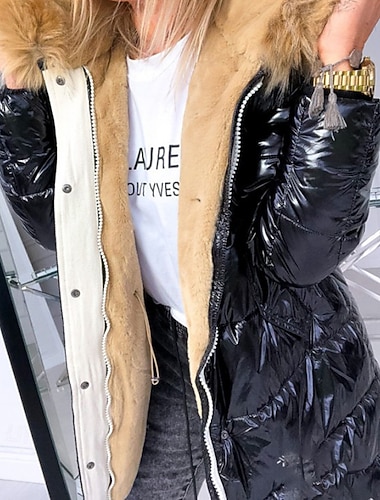  女性用 冬物コート ダウン フェイクファーコート 保温 快適 ジッパー ポケット 毛皮の襟 カジュアル 平織り バケーション デイリーウェア お出かけ 週末 ロング フード付き レギュラー 長袖 アウターウェア シルバー ブラック シャンパン 秋 冬