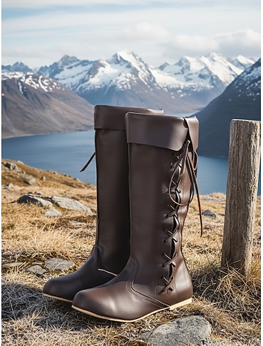  Bruine kunstleren dameslaarzen met omslag en veter aan de zijkant - authentieke middeleeuwse Viking-kostuumschoenen voor cosplay en festivals