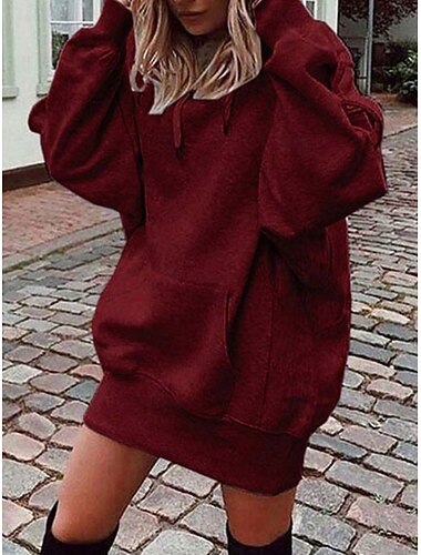  Γυναικεία Μίνι φόρεμα Φόρεμα ριχτό Καθημερινό Διακοπές Εξόδου Χαλαρή Εφαρμογή Συμπαγές Χρώμα Μακρυμάνικο Με Κουκούλα Κίτρινο Κρασί Θαλασσί Γκρίζο Άνοιξη Φθινόπωρο Χειμώνας
