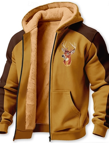  Homens Veado Tosão Moletom Jaqueta Clássico Militar Caça Manga Longa Gola Redonda Ao ar livre Campismo Castanho Claro Marron Cinzento Zip Up Outono Inverno Designer S M L XL 2XL 3XL