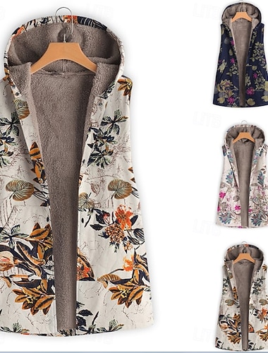  Damen Fleecejacke Fleeceweste Teddymantel Bequem Atmungsaktiv Tasche Druck Lässig Blumen Urlaub Straße Lässig Alltagskleidung Offene Vorderseite Lang Mit Kapuze Normale Passform Ärmellos