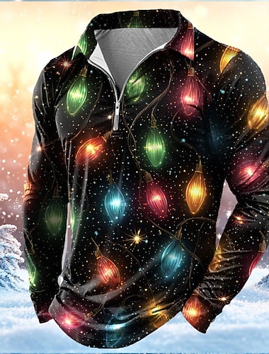  Weihnachten Herren Laternen Poloshirts mit Reißverschluss Langarm Polo-Shirts Revers Lässig Outdoor Festival-Outfit 3D-Druck Frühling Herbst Winter Schwarz 1 Schwarz 2 Schwarz