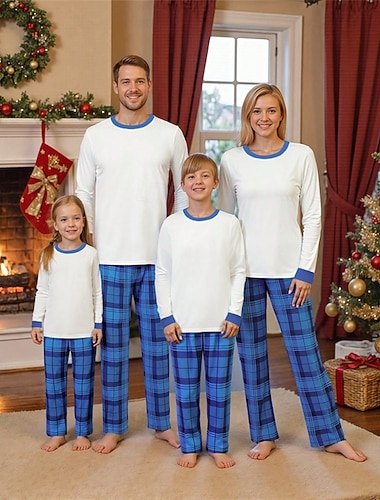  Familiestil Jul Julefamiliepyjamas Pyjamas Familiesett Ruter Hjem Trykt mønster Blå Langermet Daglig Matchende antrekk
