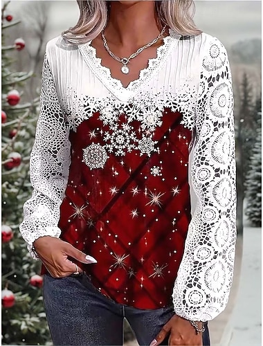  Camisa de Copo de Nieve de Navidad para Mujer Claus Elegante Vintage Linda Manga Larga Cuello en V Tops Regulares Fiesta Noche Uso Diario Vacaciones Contraste Encaje Patchwork Botones Rojo Morado