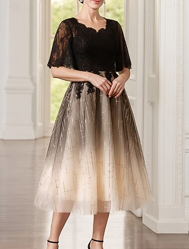  A-linje Te-lengde Festkjole Cocktail Kjole Kjole med vidt skjørt Halvlange ermer Crew-hals Elegant Årgang Fest Polyester Kjole til brudens mor med Paljett Fargeblokk