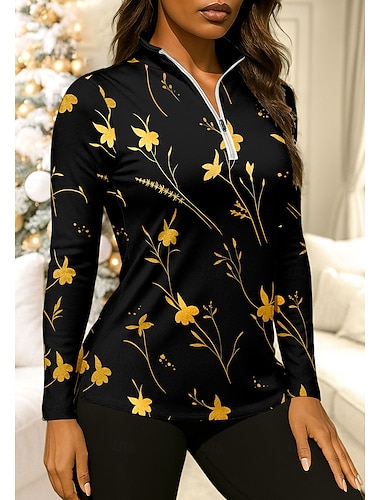  Dame Blomster قميص Sportsskjorte POLO T-skjorte Tennisskjorte Langermet Glidelås Blomster UPF50+ UV-bestandig Høy Elastisitet Fukttransport Pustende Tennis Golf Pickleball Høy krage Glidelåskrage