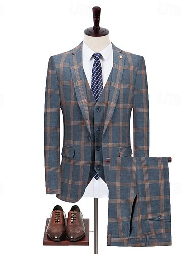  Menn Avslappet Forretningsdrakter Hakkjakkeslag Dusty Blue Daglig Formelt Ruter Slank Fasong 3 deler sett Enkelt Brystet To-knapp