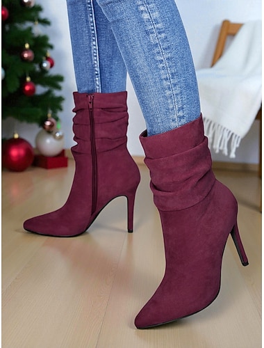  bordowe zamszowe botki damskie typu slouchy - stylowe, spiczaste noski, modne buty na wysokim obcasie z marszczeniami, idealne na co dzień i na imprezę, idealne na jesień i zimę