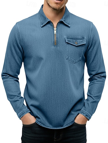  Herren Reißverschluss-Polo Golf Poloshirts Urlaub Straße Reißverschluss Langarm Mode Basic Einfach Tasche Jeansstoff Frühling Herbst Frühling & Herbst Normale Passform Schwarz Rosa Marinenblau Grün
