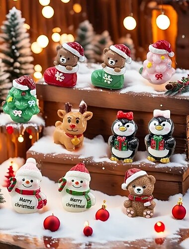  Confezione da 12 mini ornamenti natalizi in resina per calze della Befana: grazioso orso, pupazzo di neve, pinguino, renna, statuine per alberi di Natale per decorazioni per la casa, mini terrario da