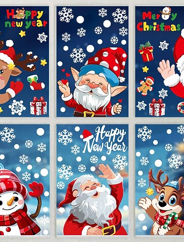  6 arkuszy świątecznych naklejek okiennych wielokrotnego użytku, statycznych naklejek z płatkami śniegu &renifery, świąteczne naklejki na szkło do domu, sypialni, na imprezę &dekoracje sklepowe