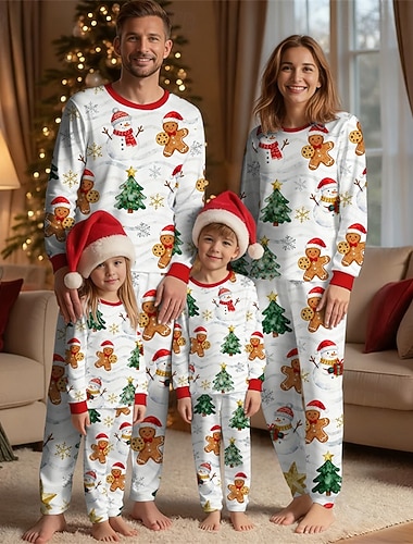  Familiestil Jul Julefamiliepyjamas Pyjamas Familiesett Grafisk Snømann Pepperkakemenn Hjem Trykt mønster Hvit Langermet Daglig Matchende antrekk