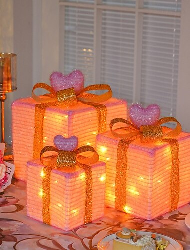  Jule LED Gaveeske Lys med Lysende Sløyfe 8-Funksjon Vanntett Batteriboks 15.5/20.5/25.5CM til Innendørs og Utendørs Fest Atmosfære Dekorasjon