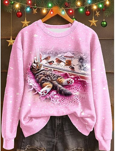 Dame Pullover Trykt mønster Grafisk Katt Varm Klassisk Fritid Langermet Crew-hals Vanlige topper Avslappet Hjem Gate Blå Rosa Rød Høst Vinter