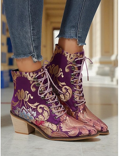  Bottines à lacets en jacquard violet pour femme, ornées de broderies florales et dotées d'un petit talon bloc – bottines de style baroque vintage, parfaites pour les festivals et les soirées Gatsby.