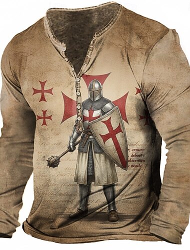  Miesten Kuvitettu Temppeliritarit T-paita Henley-paita T-paidat Pitkähihainen Vintage Suunnittelija Tyylikäs ulko- Kausaliteetti Päivittäin Kevät kesä Kaikki vuodenajat Harmaa Ruskea Vihreä Sininen