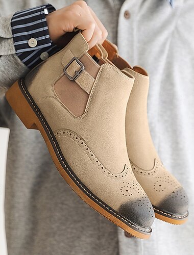  Beige ankelstøvletter i kunstskinn til herre – stilig spennedesign med brogue-detaljer, ideelle for pen fritidsklær, kontor og hverdagsbruk