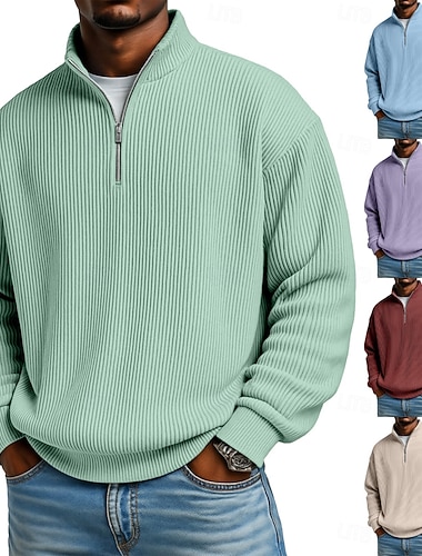  Homme Chemise en velours côtelé Polo Vacances Rue Zip quart manche longue Mode Basique Couleur Unie Fermeture éclair Automne Printemps & Automne Automne & Hiver Coupe décontractée Noir Vin Vert fonc