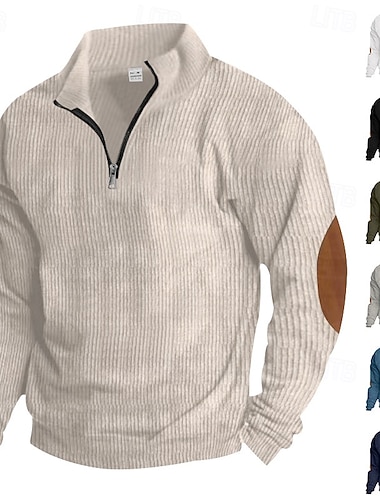  Herren Sweatshirt Kord Pullover Kapuzensweatshirt Pullover Viertelreißverschluss Sweatshirt Aprikose Denim Blue Schwarz Weiß Armeegrün Stehkragen Einfach Patchwork Farbblock Sport & Outdoor Lässig