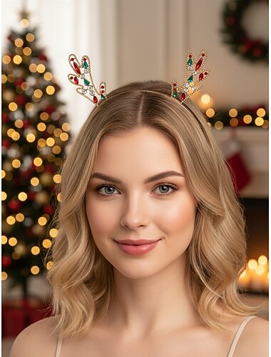  Damen-Stirnband aus Rentiergeweih mit Strasssteinen, funkelndes Weihnachts-Haar-Accessoire für Feiertagspartys &festliche Feiern