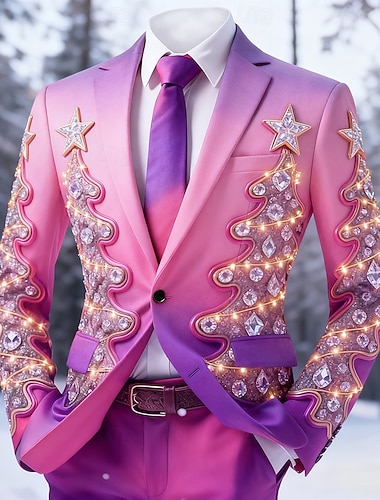  Noël Homme Arbre de Noël Veste blazer Confortable Artistique Occasionnel Soirée Tenue de soirée Quotidien Impression 3D Boutons Automne & Hiver Cranté manche longue Rose Claire Violet Vert