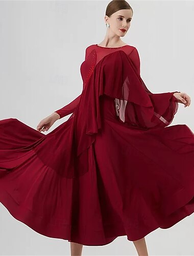  Kjole til dame med drapert chiffong, lange ermer, elegant vals, tango, foxtrot-konkurranseopptredenskjole – vinrød