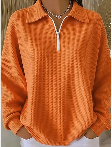  女性用 プルオーバースウェットシャツ 平織り カジュアル 長袖 ハーフジッパー レギュラートップス 日常着 カジュアル ホワイト ルビーレッド オレンジ 秋 冬