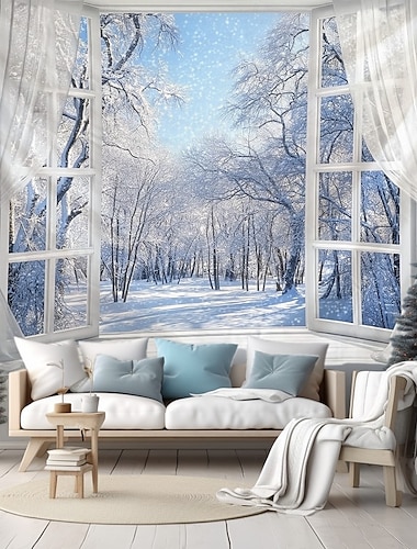 Tapisserie murale de Noël, vue sur la fenêtre, paysage enneigé, grande décoration murale, couverture, rideau, maison de vacances, chambre à coucher, salon, décoration festive   Tapisserie murale de Noël, vue sur la fenêtre, paysage enneigé, grande décoration murale, couverture, rideau, maison de vacances, chambre à coucher, salon, décoration festive